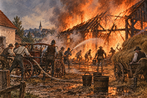 Historická perokresba požáru obilí.