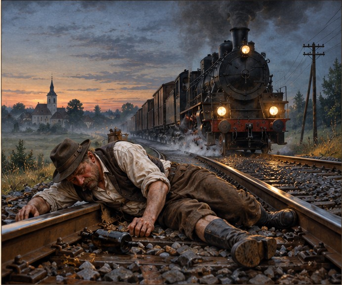 Ilustrační vyobrazení podnapilého nádeníka na železniční trati a blížícího se parního nákladního vlaku v roce 1872
